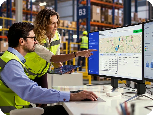 Equipe logística planejando rotas em um monitor