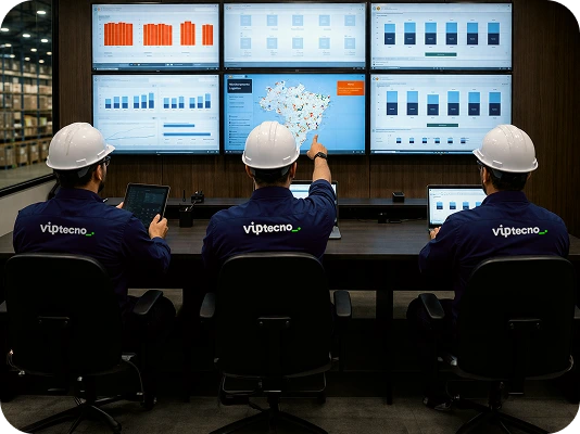 Profissionais acompanhando painéis de controle logístico