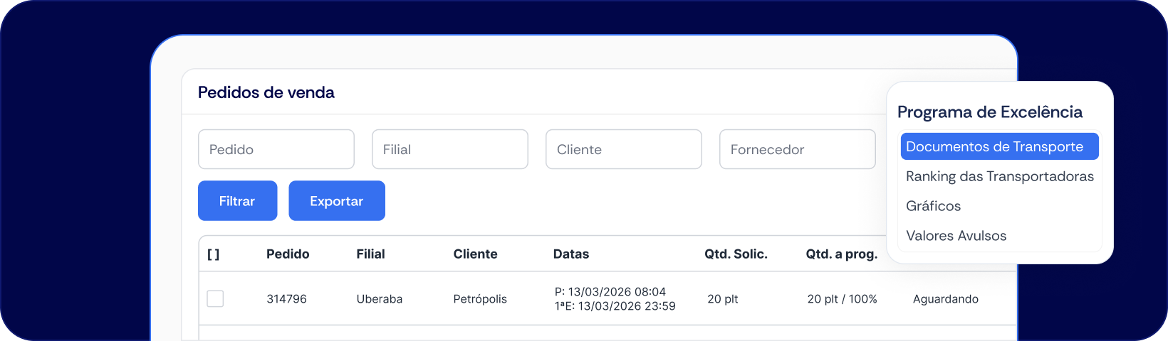 Portal de pedidos, janelas e ranking de transportadoras do OnPath